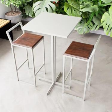 Imagem de Conjunto Mesa Alta Bar Bistrô Quadrada Branca 2 Banquetas Confort Imbuia Industrial White