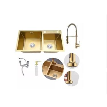 Imagem de Kit Cuba Dupla Gourmet Cozinha com Acessórios Aço Inox + Torneira Flexivel de Bancada Dourada Brinovar