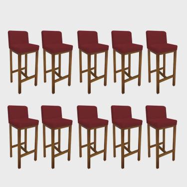 Imagem de Kit 10 Banqueta Alta Com Encosto Aila Cozinha Balcão Bistrô Base Madeira Castanho Suede Vermelho - Ahz Móveis