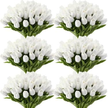 Imagem de Janinka 60 peças de tulipas artificiais artificiais tulipas PU buquê de látex falso arranjo floral para casamento, primavera, Páscoa, decoração de casa, dia das mães (branco)
