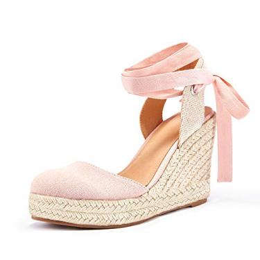 Imagem de FISACE Sandália feminina de verão, salto alpargata, plataforma, plataforma, fivela no tornozelo, fivela e bico fechado, 1 rosa, 40