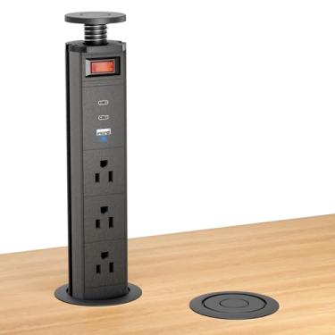 Imagem de Sussex Tomada Pop-Up Com 2 Portas Usb C E Usb A Para Carregamento Rápido, 3 Tomadas Ca - Filtro De Linha Com Controle Por Interruptor - Tomada De Bancada Embutida Com Furo De 2 Polegadas (Preto Puro