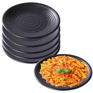 Imagem de YuanQ Pacote com 6 pratos pretos inquebráveis de melamina, conjunto de pratos de jantar reutilizáveis para cozinha, lava-louças e micro-ondas, pratos de jantar de fundo plano para uso diário (28 cm)