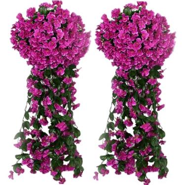 Imagem de 2 peças de violetas artificiais, flor violeta roxa realista de 89 cm com folhas verdes, flores falsas de seda e plástico para casamento, varanda, jardim