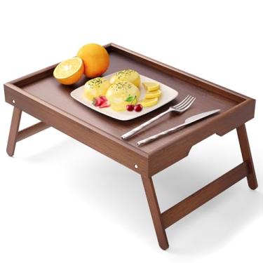 Imagem de Bandeja de cama de bambu com pernas dobráveis, bandeja de café da manhã, mesa de laptop leve para comer, ler, trabalhar na cama ou sofá – mesa de colo portátil com alças, perfeita para casa - marrom
