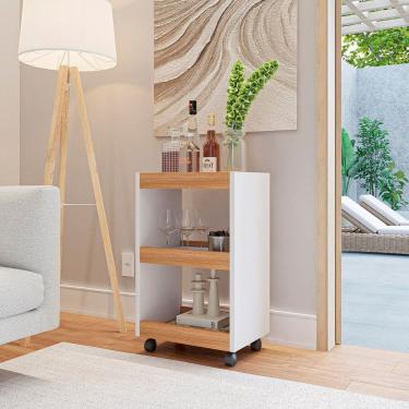 Imagem de Carrinho Multiuso Gourmet Buffet com Rodinhas Bar Aparador Organizador com 3 Prateleiras Branco / Freijó