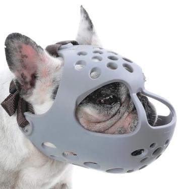 Imagem de Barkless Focinheira curta para cães, focinheira plana de silicone macio para buldogue francês Shih Tzu e pug para morder, mastigar, lamber e escovar, permite a esfoliação (M, cinza)