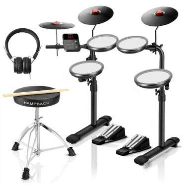 Imagem de Conjunto de bateria elétrica MK-0 com 4 pads eletrônicos de malha bastante, tambor de 12,7 cm, 12 kits e 68 sons autênticos, USB MIDI, trono, bastões, fones de ouvido, 2 pedais de interruptor para