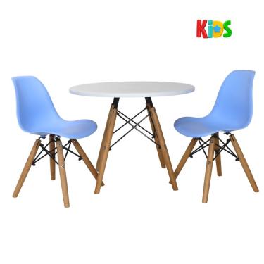 Imagem de Kit Mesa Redonda Branca 60cm + 2 Cadeiras Charles Eames Eiffel Infantil Kids Azul e Rosa Claro Volta As Aulas