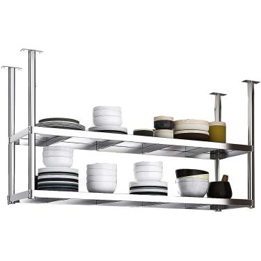 Imagem de Prateleira de teto pendurada pendura de vinho, 2 camadas de rack de garrafa de teto de aço inoxidável, suporte de armazenamento de vinho vintage para baixo do gabinete, cozinha, bar, prata,