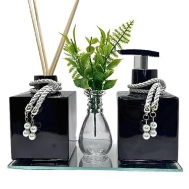 Imagem de Conjunto de banheiro em vidro cúbico 250 ml Saboneteira e difusor + Vaso com folhas verdes + Bandeja espelhada