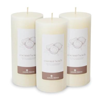 Imagem de Estrella Blanca Velas de pilar de coco (pacote com 3) – Cera de soja não tóxica, queima limpa de longa duração, velas perfumadas de 50 horas para decoração de casa e praia