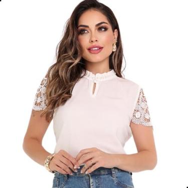 Imagem de Blusa Social Evangélica Feminina Renda Gola Pedrinhas - Look Modas Oct