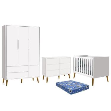 Imagem de Dormitório Theo 3 Portas, Cômoda 6 Gavetas, Berço Branco Fosco Com Pés Amadeirado E Colchão - Reller Móveis Branco Fosco