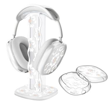 Imagem de CamyCosy Suporte de fone de ouvido para jogos com almofada de silicone para fones de ouvido AirPods Max, acessórios transparentes para mesa - flores brancas