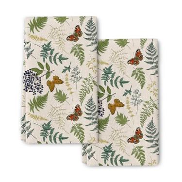 Imagem de Conjunto decorativo de 2 toalhas de cozinha de borboleta botânicas fofas, toalhas de prato com folhas de ervas verdes para secar pratos, pano macio absorvente de secagem à mão, presente de inauguração