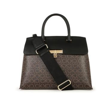 Imagem de Calvin Klein Bolsa feminina Becky Turn Lock – 2 em 1, couro vegano, 3 bolsos, marrom/cáqui/preto, One Size