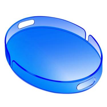 Imagem de Bandeja de servir de acrílico com alças grande bandeja decorativa para otomana 43 x 33 cm redonda para banheiro, comida, café, frutas, lanche, chá, jantar, sala de estar, azul