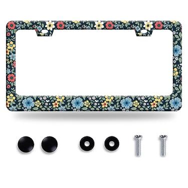 Imagem de Moldura de placa de licença de flores coloridas linda placa de licença floral Ditsy aço inoxidável à prova de ferrugem peças automotivas engraçadas bela decoração de capa de placa de licença com furos parafusos tamanho 31,2 cm x 16 cm para mulheres