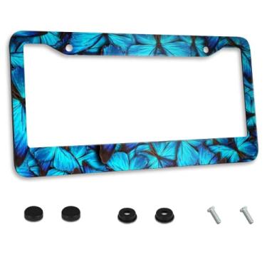 Imagem de Moldura de placa de carro Blue Butterflies mais recente molduras decorativas personalizadas Suporte de etiqueta de capa de carro de alumínio de metal com 2 furos e parafusos, decoração de 30 x 15 cm