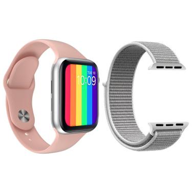 Imagem de Kit 1 Smartwatch Iwo12 Lite Rosa + 1 Pulseira Nylon Branco