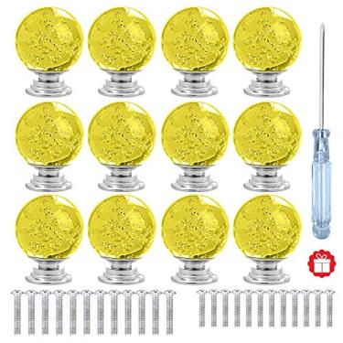 Imagem de ANJUU 12 peças de puxadores de armário de vidro de cristal redondo de forma redonda de 30 mm com puxador de gaveta de parafusos usados para cozinha, cômoda, porta, armário, Yellow
