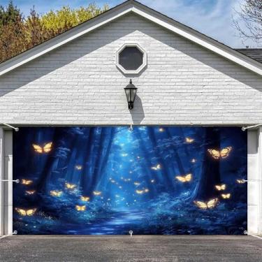 Imagem de Banner de decoração de porta de garagem floresta de fadas, flor de borboleta com glitter dourado floresta encantada floresta terra das maravilhas floresta porta de garagem pano de fundo interior capa