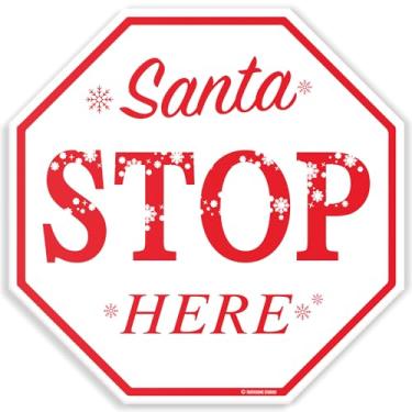 Imagem de Toothsome Studios Santa Stop Here Tema de Natal Placa de Pare de Metal 12" X 12" Enfeite de Humor de Natal Novidade Decoração de Casa Decoração de Parede (Santastopherewhitestopsign)