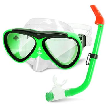 Imagem de GreenLF Conjunto de snorkel para crianças, máscara de snorkel antiembaçante com cobertura de nariz para jovens, meninos e meninas de 5 a 12 anos, pacotes de óculos de natação semi-secos (verde)
