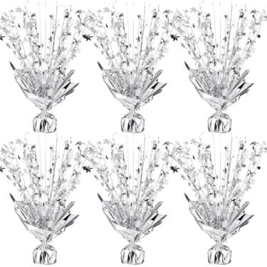 Imagem de Pacote com 6 peças centrais de mesa em spray de folha metálica estrela decoração de mesa explosiva para aniversário, casamento, aniversário, celebrações, suprimentos de decoração de festa (prata)