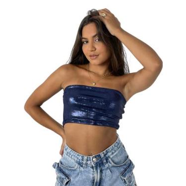 Imagem de Top Cropped Feminino Metalizado Faixa Paty Festa Novo - W&L Closet, Az