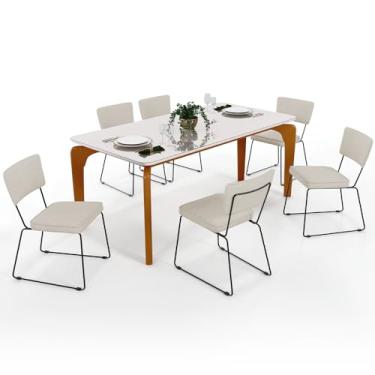 Imagem de Mesa De Jantar Capri 160cm Off White Nature Com 6 Cadeiras Allana B05 Linho Champagne - Lyam Decor