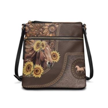 Imagem de AZULCUSTO Bolsas de couro para mulheres, bolsas Hobo de couro para mulheres, bolsa tiracolo vintage de viagem, bolsa de ombro com vários bolsos, Cavalo de girassol