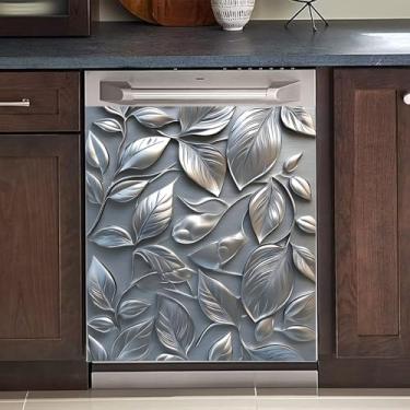 Imagem de Adesivo magnético para lava-louças, capa reutilizável para painel de geladeira e lavadora - Adesivo decorativo fácil de aparar 58 cm L x 66 cm A para eletrodomésticos (folhas de metal em relevo, 58 cm