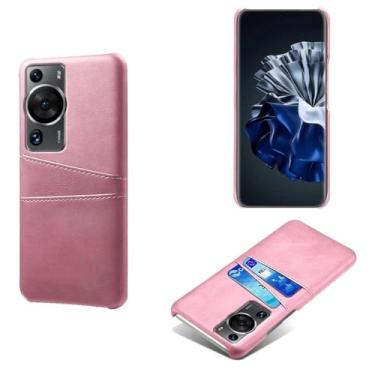 Imagem de Capas Compatível com HUAWEI P60 Pro,Caso de couro PU-Tampa de telefone a prova de choque com 2 slots de cartão,Proteção anti-impressão digital e anti-gota-Pink
