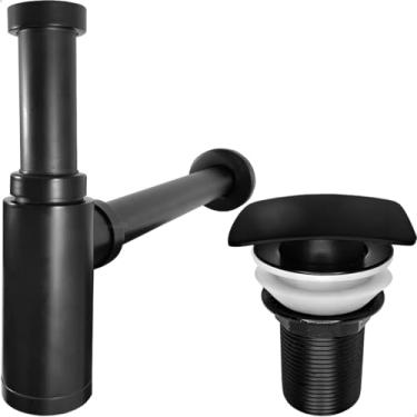 Imagem de Dona D Cor, Sifão Copo e Valvula Click Tampa Quadrada 1 1/4 Inox Preto Fosco Kit Banheiro Luxo Ralo de Pia 40mm