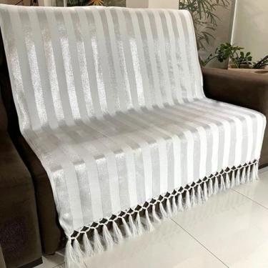 Imagem de Manta Para Sofá em Tecido Jacquard Luxo Listrado Branco e Prata 190x14