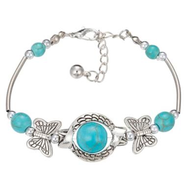Imagem de LPYO Pulseira feminina turquesa exclusiva com pingente azul natural turquesa ajustável com contas imitação de pedras preciosas pulseira de borboleta feita à mão Boho vintage coruja animal pulseira