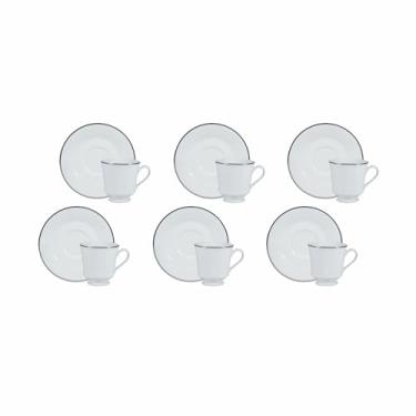Imagem de Estojo com 6 Xícaras de Chá com Pires em Porcelana, Modelo Itamaraty, Redondo, Decoração Filete Prata, Filete em Prata, Porcelana Schmidt