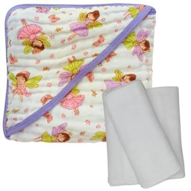 Imagem de Kit Toalha de Banho Bebê Soft com Capuz + 3 Fraldas de Ombro Brancas com Bainha 100% Algodão (Fadinha)