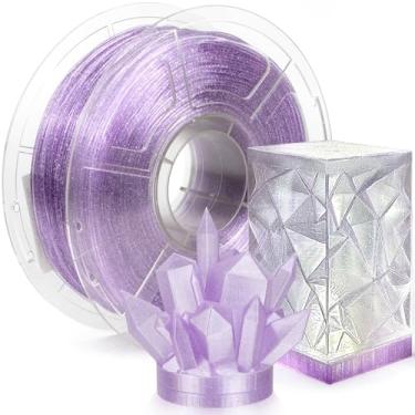Imagem de IEMAI Filamento PETG de 1,75 mm, roxo claro com glitter, galáxia brilhante e acabamento cristalino, filamento de impressora 3D transparente durável e resistente, carretel de 1 kg para arte, faça você