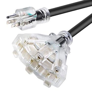 Imagem de Cabo de extensão 12/3 15 pés resistente preto 3 saídas interno/externo SJTW iluminado 12 bitola aterrada, 12AWG 15 Amp, 1875 Watts, UL listado, segurança