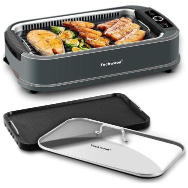 Imagem de Churrasqueira Elétrica Techwood Sem Fumaça, 1500W, Grelha Coreana de Mesa  com Vidro Temperado, Placas Removíveis de Grelha e Chapa com