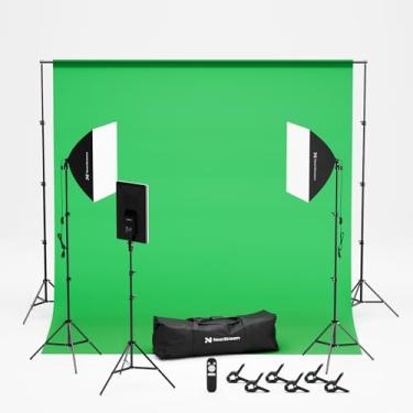 Imagem de NearStream Kit profissional de iluminação fotográfica VK40 com pano de fundo verde de 3 x 3 m, kit softbox de 61 cm, painel de luz de 48 cm com controle remoto, equipamento de estúdio para filmagem