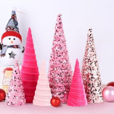 Imagem de 6 peças de decoração de árvore de cone de Natal de 30,5 cm, 25,4 cm, 15,2 cm, decoração de mesa com glitter rosa, enfeite de árvore de Natal para decoração de mesa de entrada de casa de férias