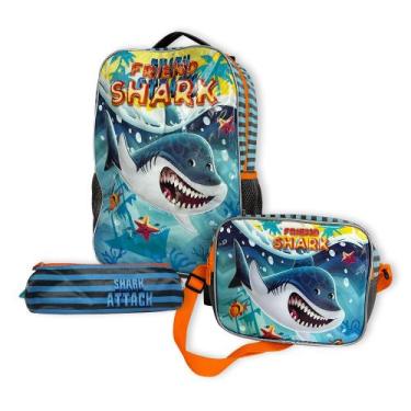 Imagem de Kit Mochila Infantil Escolar com 3 peças Tubarão Laranja - Rocie