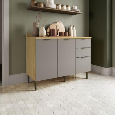 Imagem de Cozinha Modulada 3 Portas 2 Gavetas Balcão Com Tampo Ibiza Louro Freijó-cinza