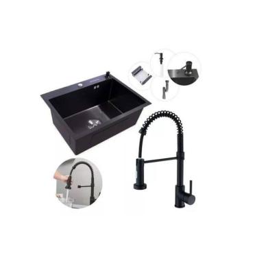 Imagem de Kit Cuba Pia Aço Inox Quadrada Cozinha E Torneira Flexivel