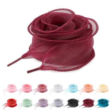 Imagem de UamGlsob Cadarços de seda de organza extravagantes de 4 cm para tênis femininos, lindos cadarços de fita de cetim transparente, cordões de fio de substituição, Borgonha, 54"/140cm