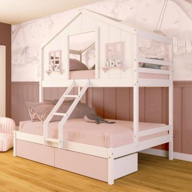 Imagem de Beliche Casal/ Solteiro Casinha Dos Sonhos Com 02 Gavetas Madeira Maciça Branco/ Rosa Megamobilia
